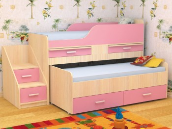 Кровать детская Лесики двухместная 1.8  Дуб молочный/Розовый в Искитиме - iskitim.mebel54.com | фото