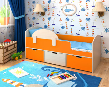 Кровать Малыш-мини с бортиком Дуб молочный/Оранжевый в Искитиме - iskitim.mebel54.com | фото