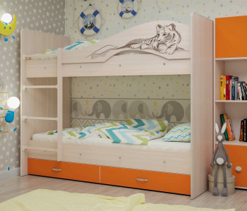 Кровать Мая-Сафари двухъярусная с ящикамиМлечный дуб/Оранжевый в Искитиме - iskitim.mebel54.com | фото
