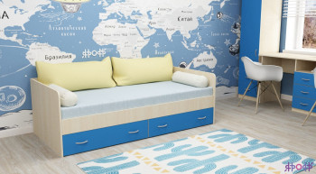 Кровать с выкатными ящиками Дуб молочный/Голубой в Искитиме - iskitim.mebel54.com | фото