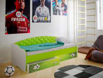 Кровать Софа-8 с мягкой спинкой фотопечать Футбол (900х1900) Белый/Лайм в Искитиме - iskitim.mebel54.com | фото