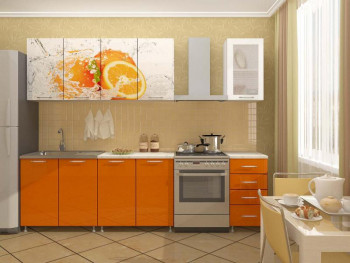 Кухонный гарнитур 1,6м Апельсин (Белый/Оранжевый металлик/Фотопечать апельсин) в Искитиме - iskitim.mebel54.com | фото