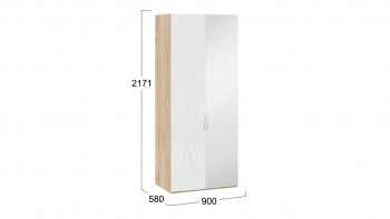 Шкаф для одежды с 1 глухой и 1 зеркальной дверями правый «Эмбер» Яблоня Беллуно/Белый глянец в Искитиме - iskitim.mebel54.com | фото
