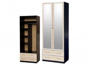Шкаф для платья и белья 2-х дверный с профилем МДФ с 2 зеркалами Венге/Дуб выбеленный в Искитиме - iskitim.mebel54.com | фото