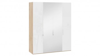 Шкаф комбинированный с 2 глухими и 2 зеркальными дверями «Эмбер» Яблоня Беллуно/Белый глянец в Искитиме - iskitim.mebel54.com | фото